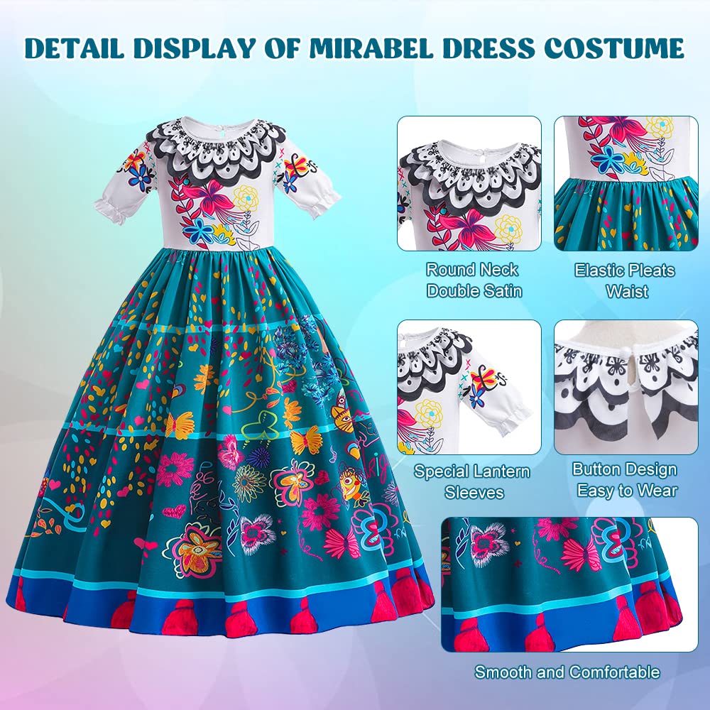 YYDSXK Mirabel Encanto Vestito, Principessa Mirabel Madrigal Costume per Ragazze, Mirabel Principessa Vestito con Borsa a Tracolla per Bambini 2-11 Anni Festa di Compleanno Cosplay