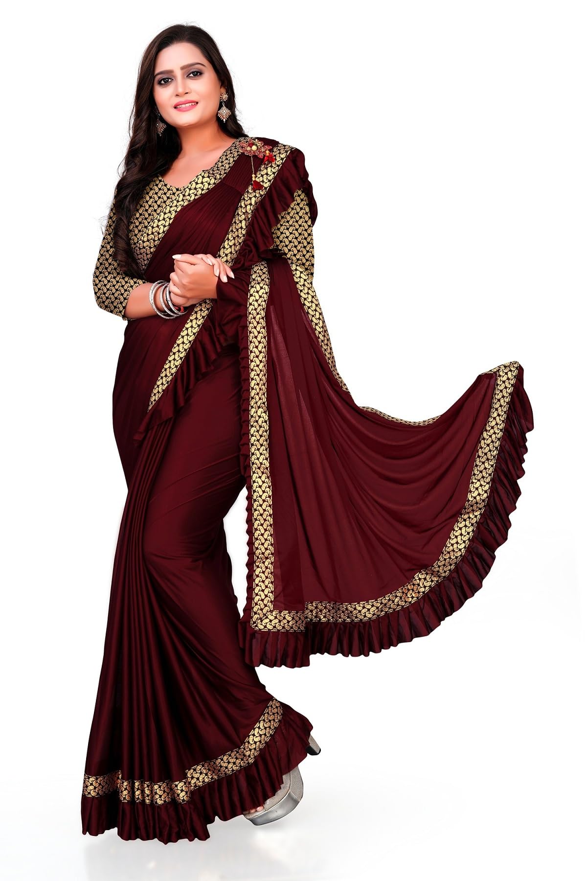 Lady ShopiWomen's Lycra Plain Saree Vaishnvi-New
