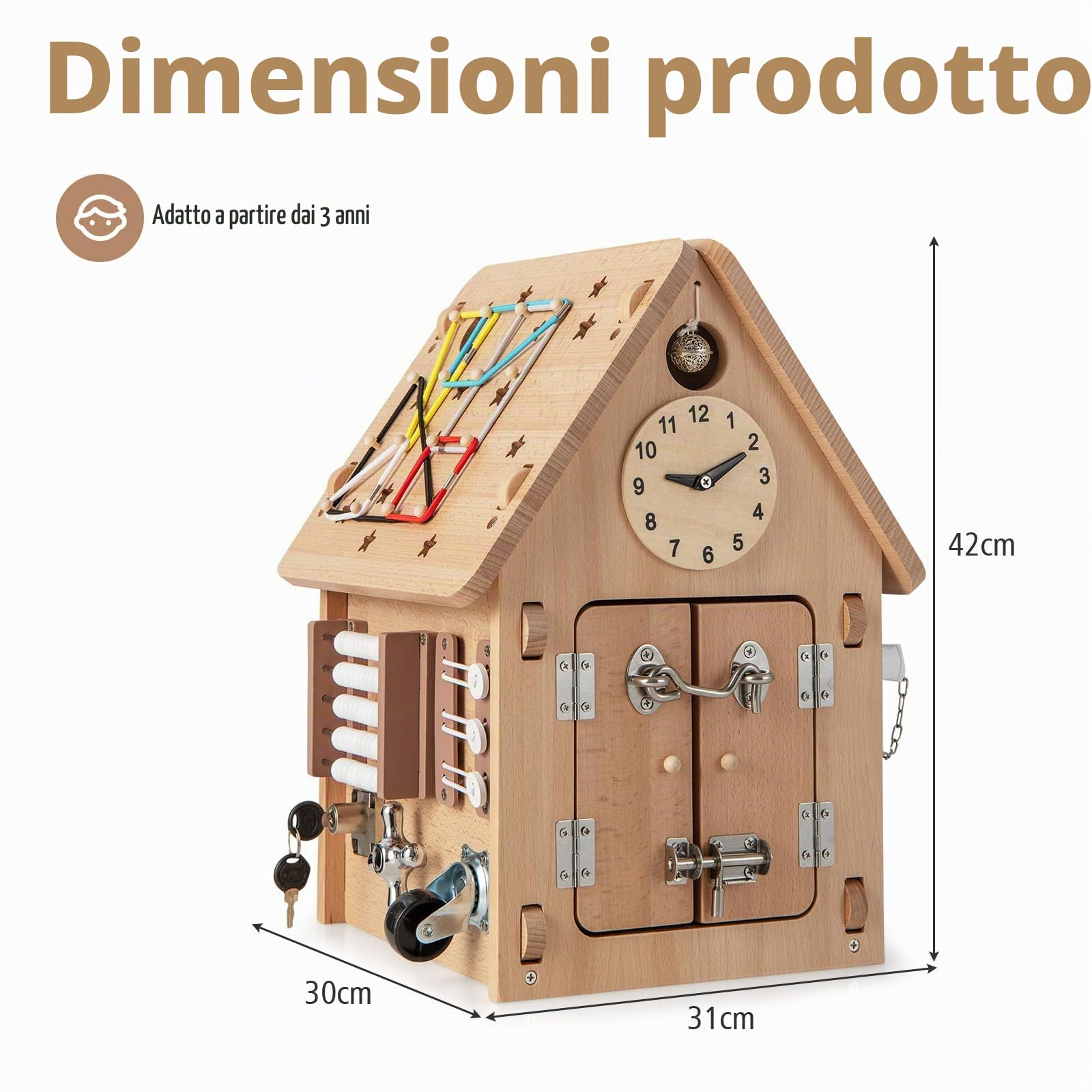 HOMASIS Casa dei Giochi per Bambini in Legno, Casa dei Divertimenti con Orologio, Rubinetto, Interruttore, Timer, Spina e Presa, Giochi Sensoriali e Montessori per Bambini da 3+ Anni, Naturale