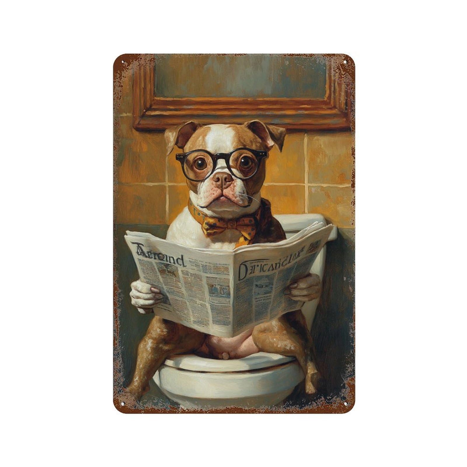 Dog Reading Newspaper on Toilet-10 Rusty Metal Tin Sign 11.8"x7.9", Rustic Home Decor for Garage, Pub Or Kitchen
