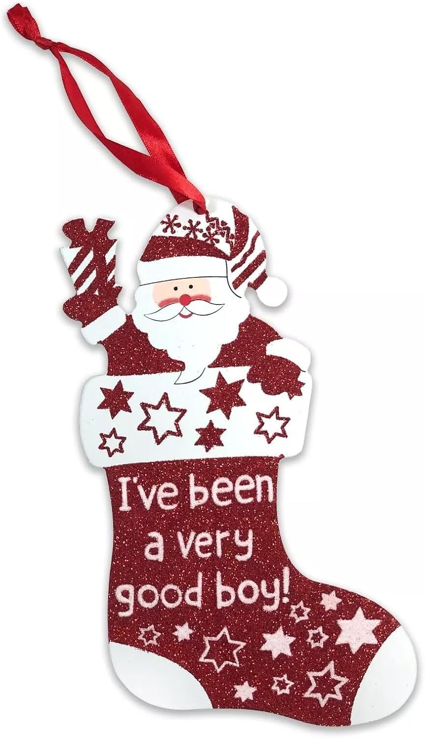 Glittery Christmas 'I've Been A Very Good Boy/Girl' Hanging Wooden Stocking Sign - Festive Holiday Decoration for Kids - Perfect Christmas Tree Ornament or Stocking Filler (1, Good Boy)