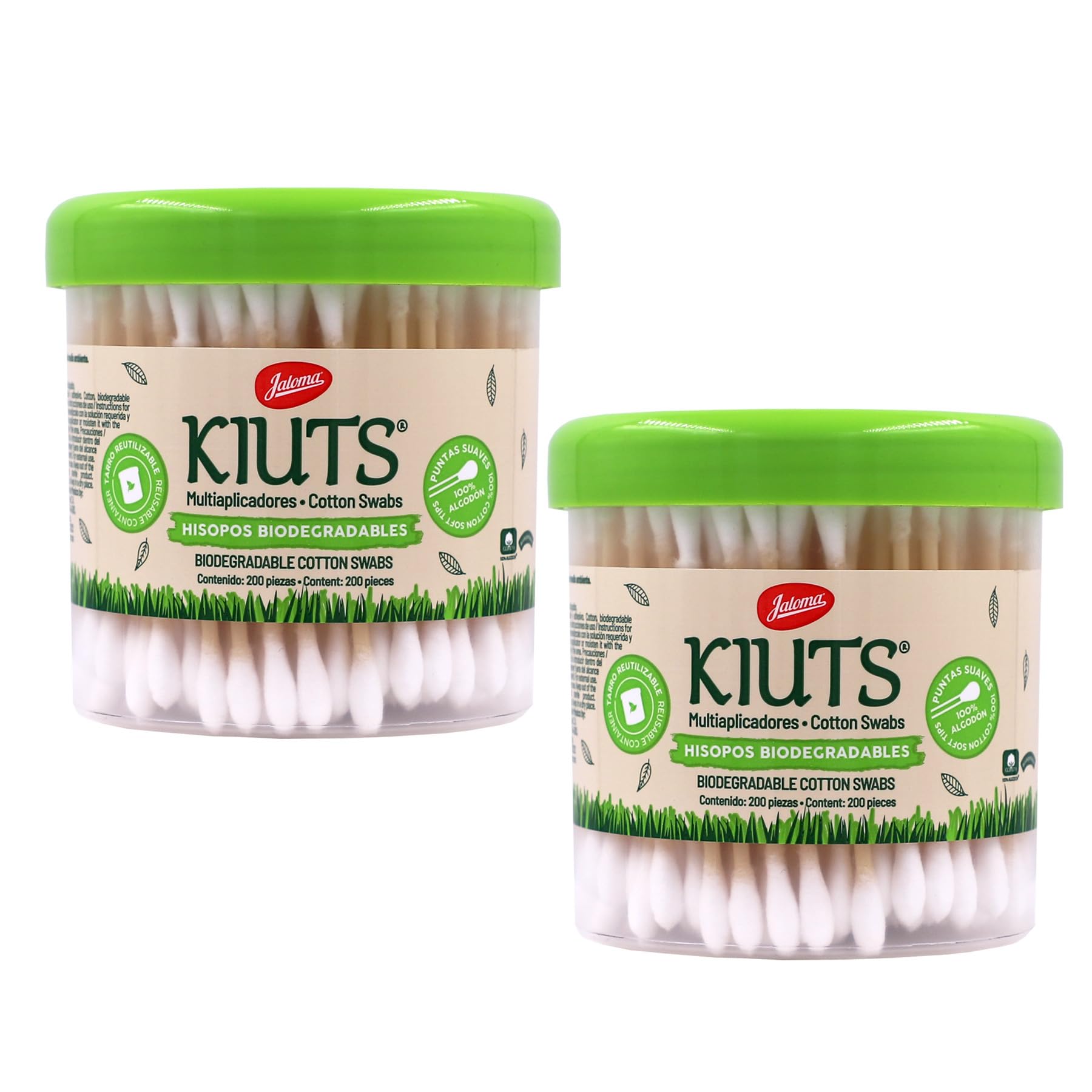 Jaloma Kiuts Cotton Swabs, Biodegradable, for Hygiene and Beauty, 2Pack, 200 Ct Each Jar