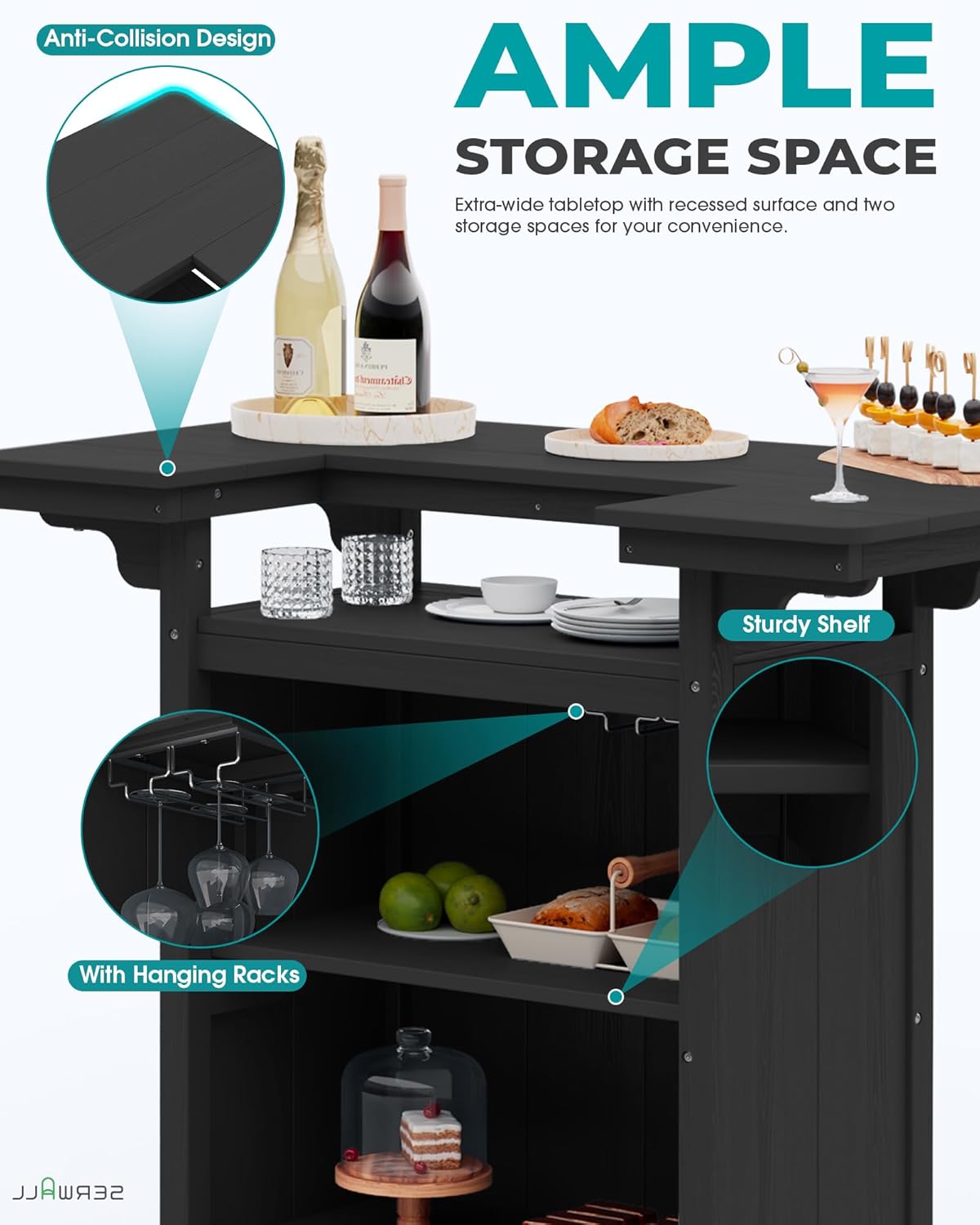 SERWALL Outdoor Bar Table,Patio Bar Cabinet with 4-Tier Storage and Spacious Tabletop for Outside,Poolside, Backyard,Made of HDPE,Black