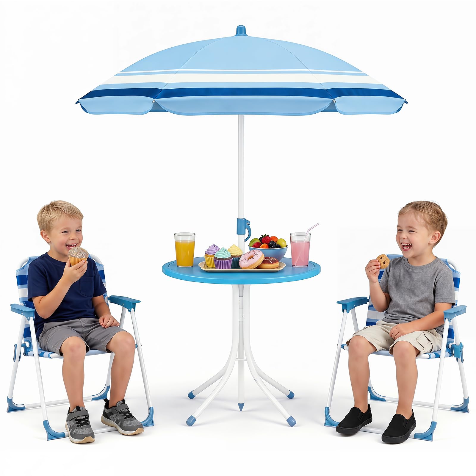 COSTWAY Set Tavolo e Sedie da Giardino per Bambini con Ombrellone (Blu) | Set da Esterno per Bambini 4 Pezzi con Tavolino Rotondo, 2 Sedie Pieghevoli e Ombrellone Regolabile in Altezza per Campeggio
