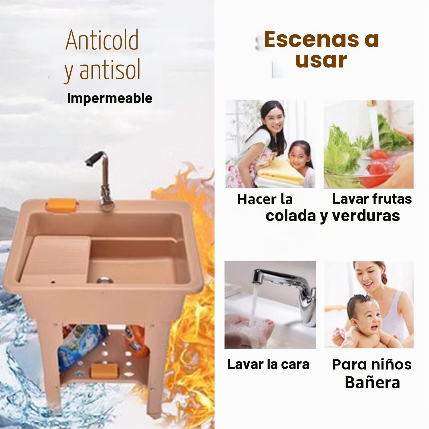 Fregadero De Plástico Independiente Para Lavandería, Fregadero Para Uso Interior Y Exterior Con Grifo De Agua Fría Y Caliente, Lavabo Para Limpieza De Baño, Piscina