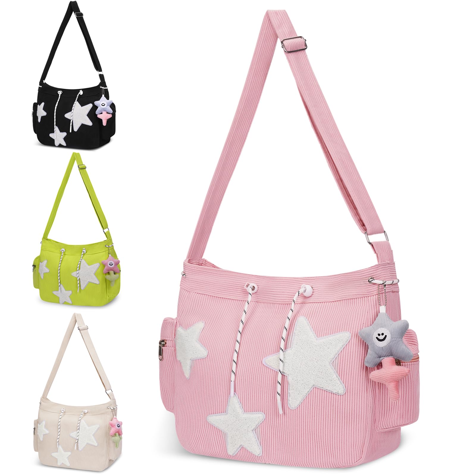 Cute Tote Bag for Women, Aesthetic Canvas Crossbody Bag Y2k Star Hobo Shoulder Purse Kawaii Zipper Messenger Bag