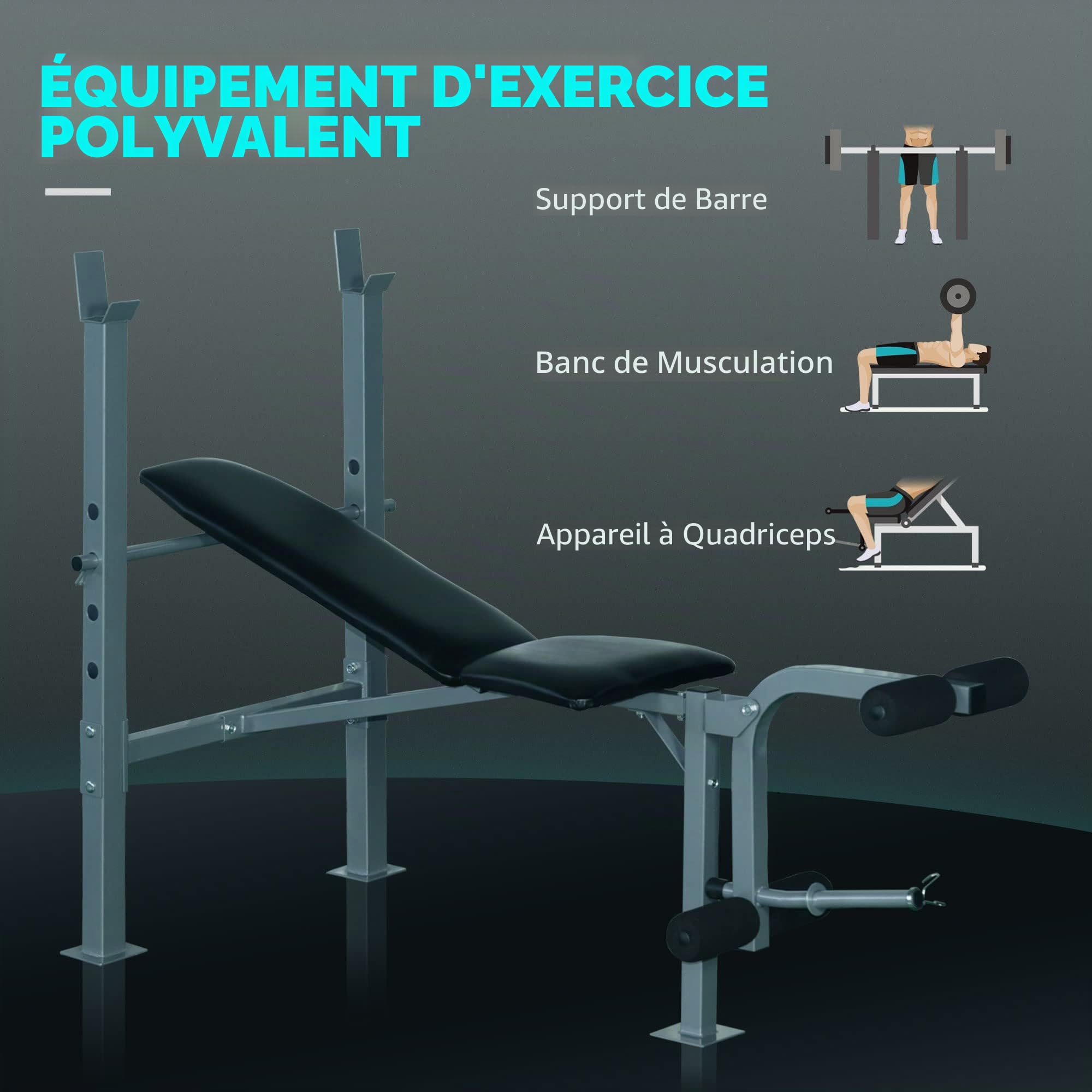 HOMCOM Banc de musculation Fitness banc d'haltérophilie entrainement complet dossier réglable curler