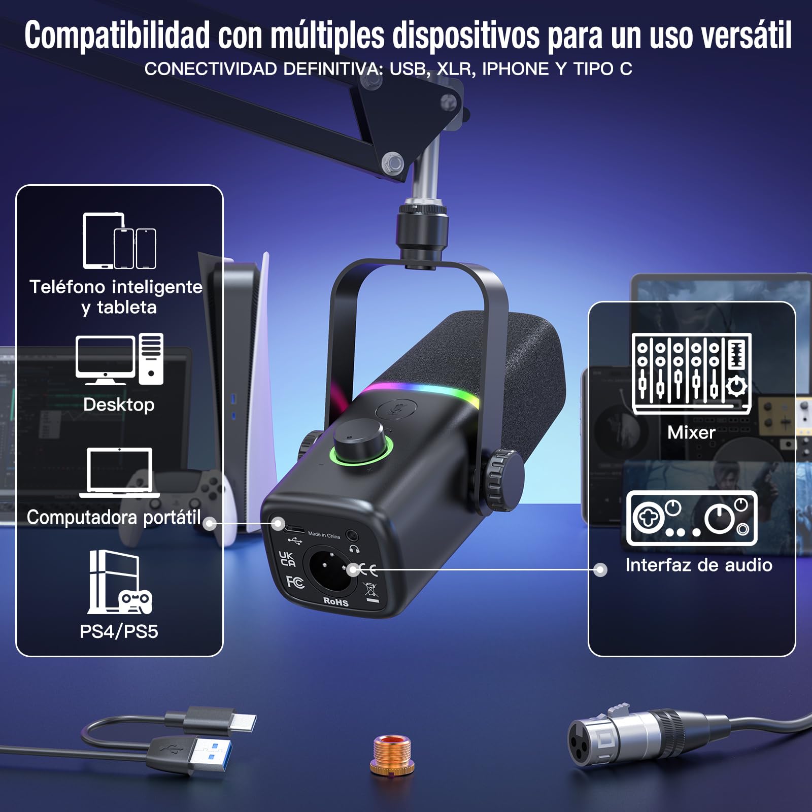 ZealSound Micrófono dinámico USB/XLR, Phone micrófono, Gaming micrófono para teléfono PC, micrófono con luz RGB, Silencio, Conector para Auriculares, Soporte, ASMR/Youtube/Podcast/Streaming/Gaming