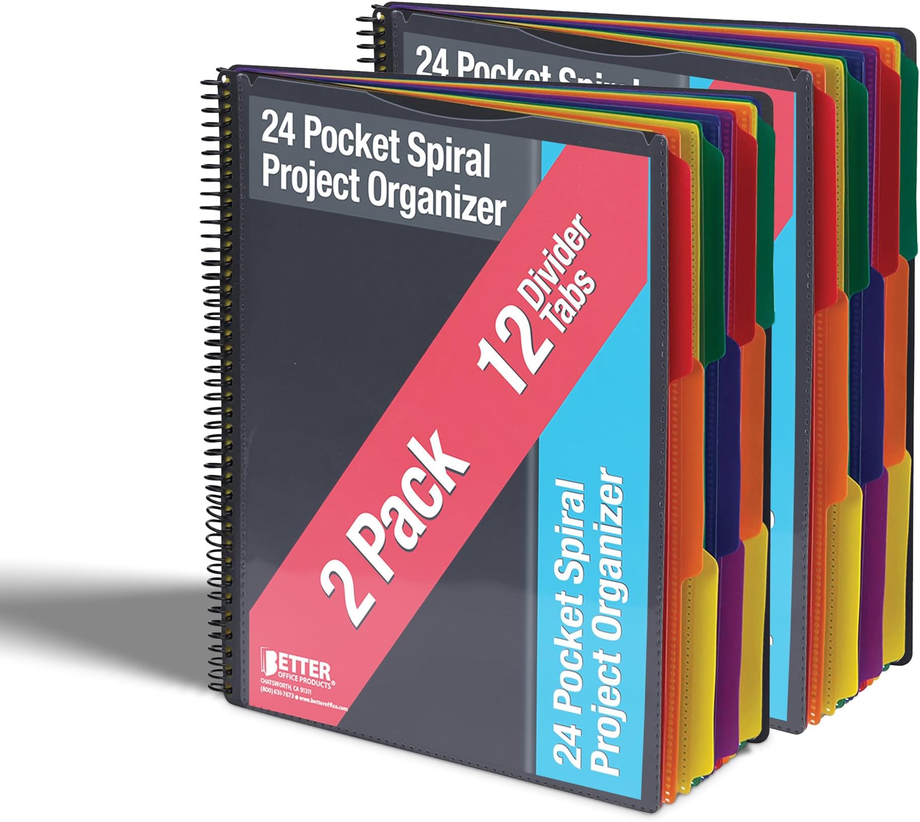 Better Office Products 24 Pocket Poly Spiral Project Organizer (2pack), Heavy Duty, with Utility Pouch, 1/3 Cut Tabs, 12 Tab Color Dividers, Clear View Front Cover, Letter Size, Project Folder,