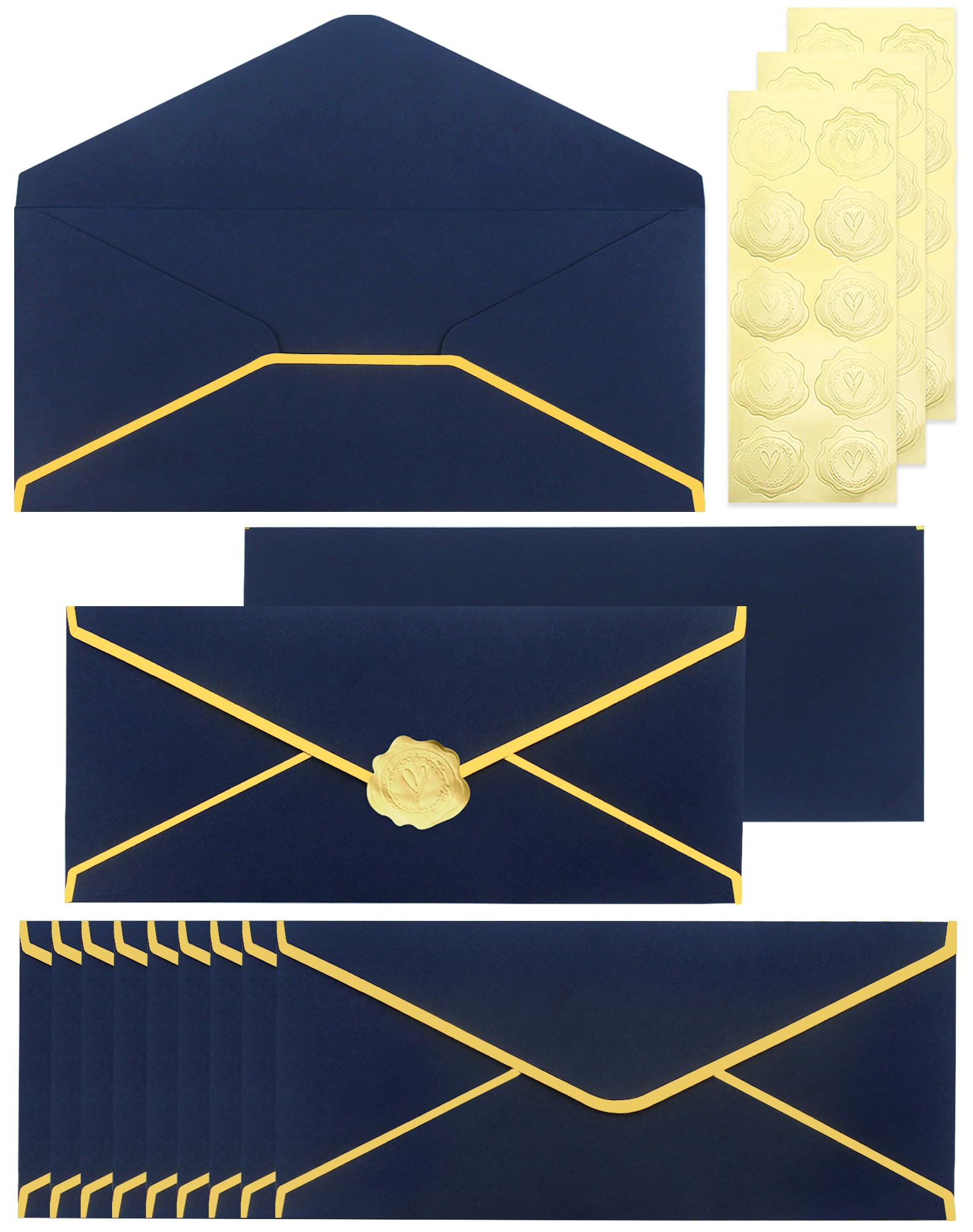 30 Enveloppes Commerciales #10 – Bordure Dorée En V – Papier 150 G/m² – Avec Autocollants Dorés – Pour Lettres, Factures, Invitations