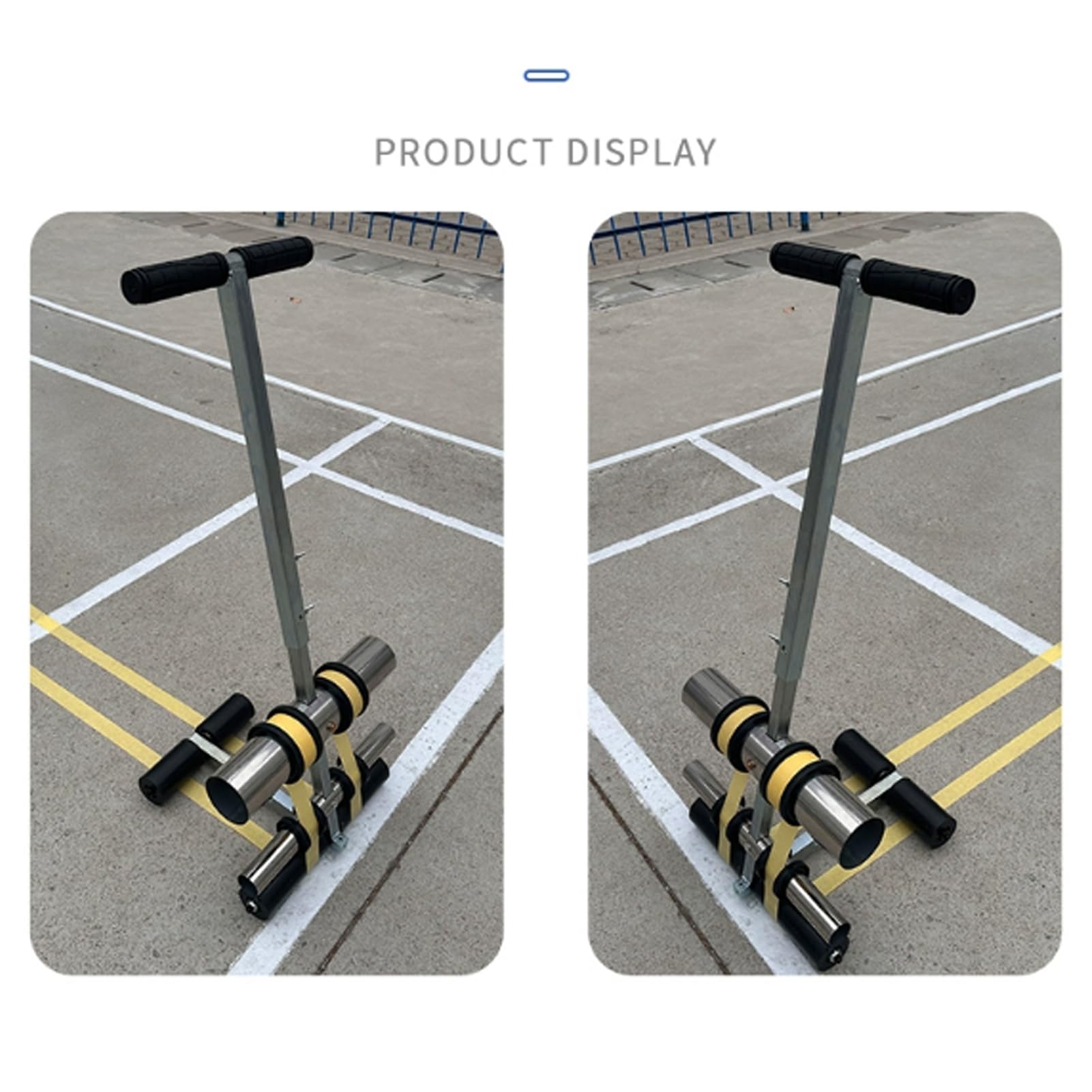 Marcador de cinta adhesiva y marcador de campo deportivo, máquina de rodillo ajustable en altura con kit de dibujo circular para superficies de asfalto y hormigón
