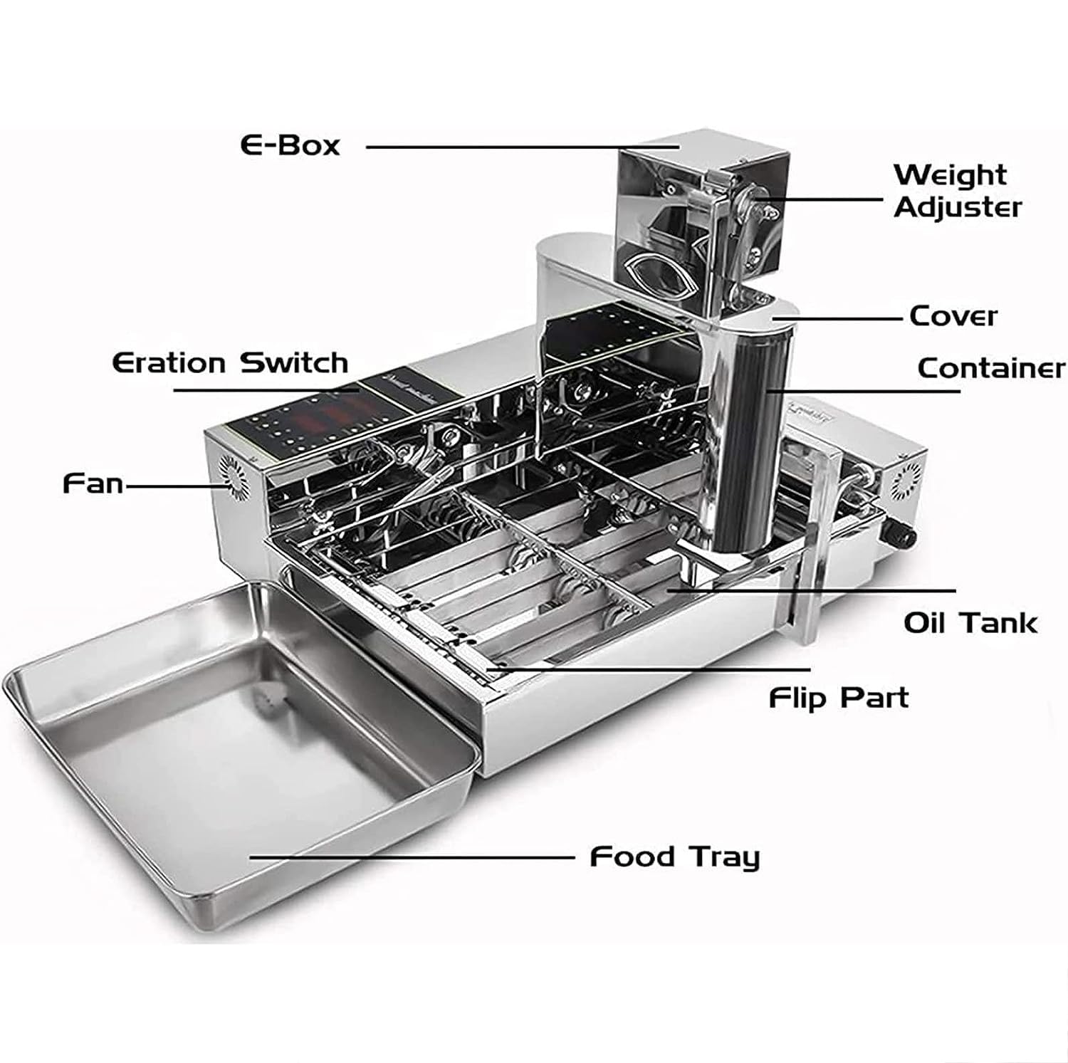 ERoomQ Automatic Donut Maker Machine 4 Rows 5.5l Hopper 1800 Unit/h Commercial Donuts Making Machine Frying,Adjustable Stainless Steel