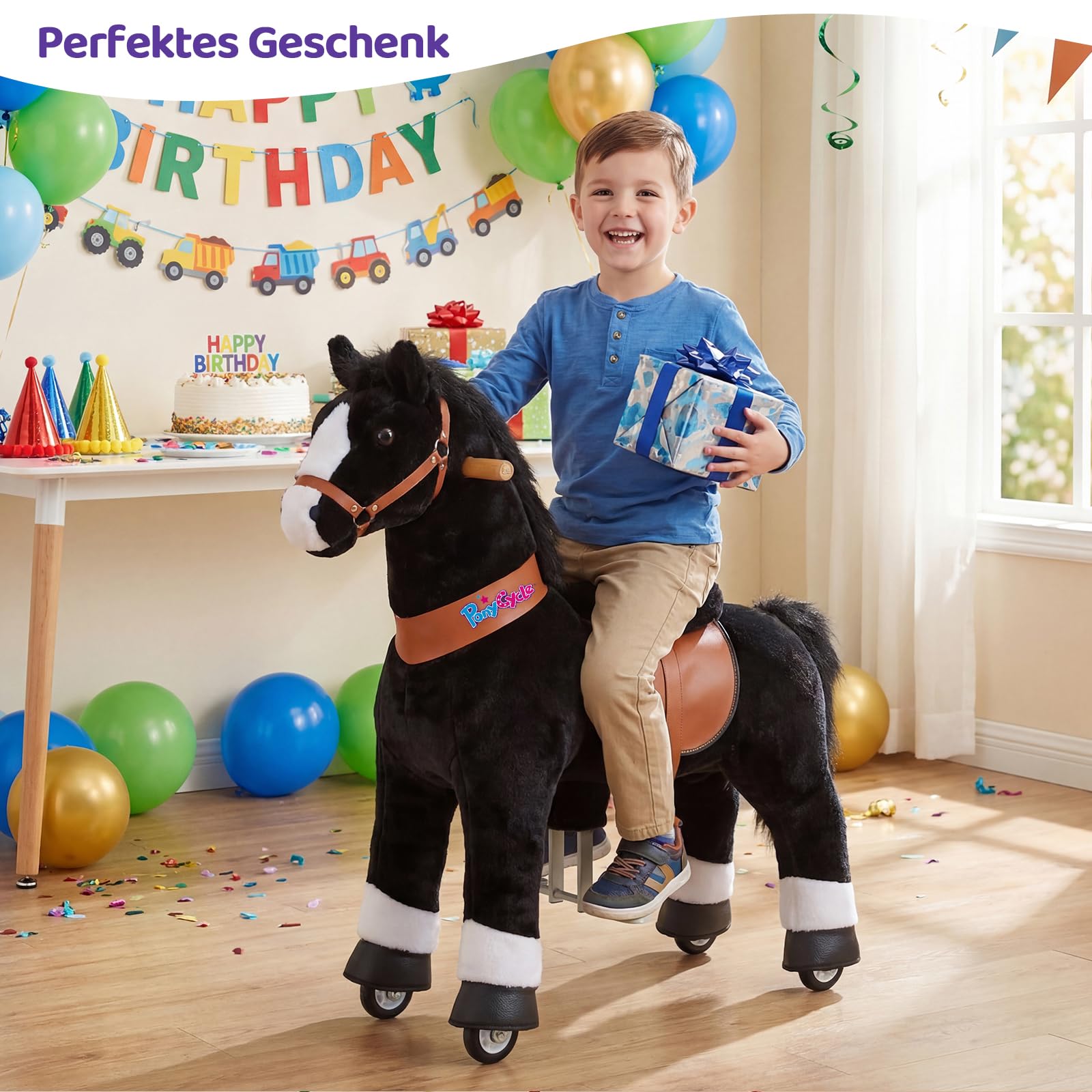 PonyCycle® Reitpferd auf Rollen | für Kinder 4–7 Jahre, 89cm | Schwarzes Plüsch Reitpferd mit Handbremse & Klang | Schaukelpferd, Stehpferd, Indoor & Outdoor | Klassisches Modell U – Ux426