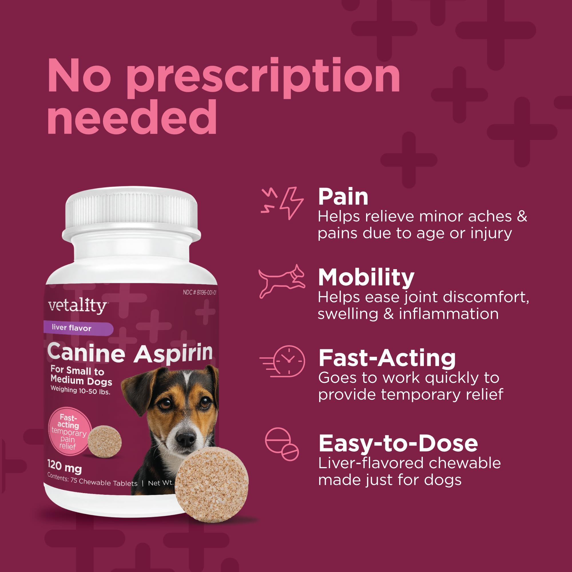 Vetality Aspirina canina para perros | Alivio rápido del dolor | Perros pequeños a medianos | Sabor de hígado | 75 tabletas masticables
