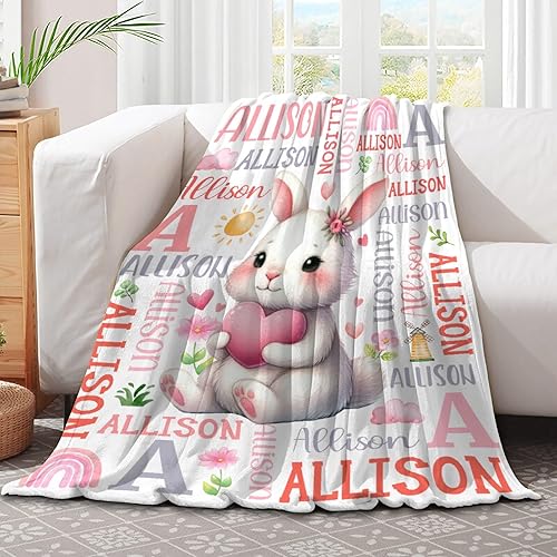 Miniatura 2 de Manta de bebé personalizada de conejo, regalos personalizados de conejito para niños y niñas, ultra suave, afelpada, acogedora y transpirable, manta
