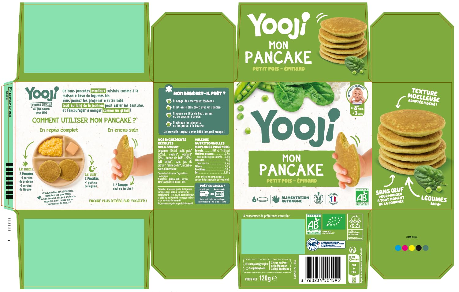 Yooji - Lot x6 Pancakes Petit pois Carotte bio pour repas bébé dès 8 mois - Introduction purée morceaux, Alimentation autonome et DME - 18 repas