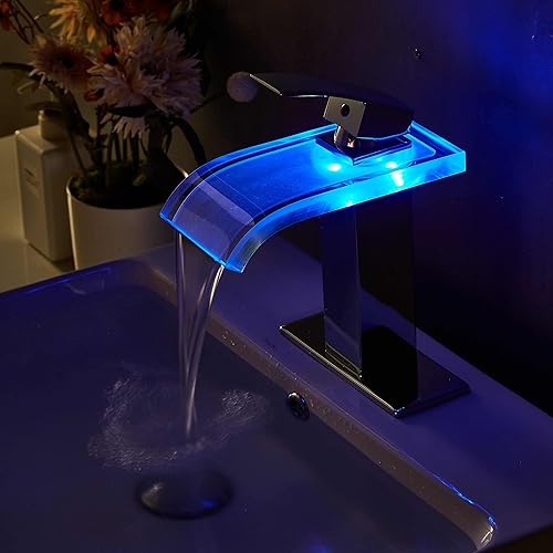 Miniatura 5 de Grifo de baño con cascada LED, 1 agujero, 3 colores cambiantes, boquilla de vidrio de cascada de una sola manija con drenaje desplegable cromado,