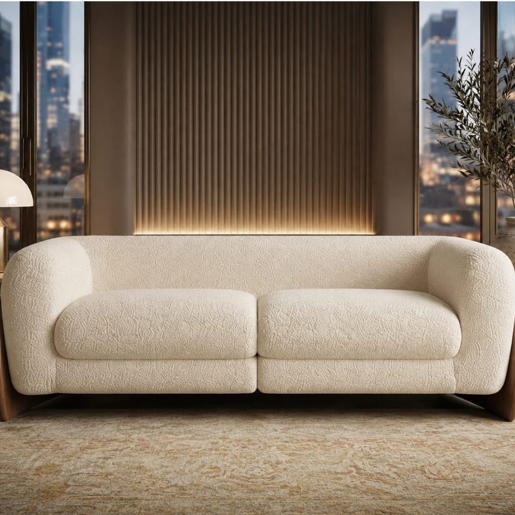 Modern 3 Seater Fabric Sofa, Upholstered Living Room Couch with Rounded Arms & Wooden Side Panels, Cream White-image-10