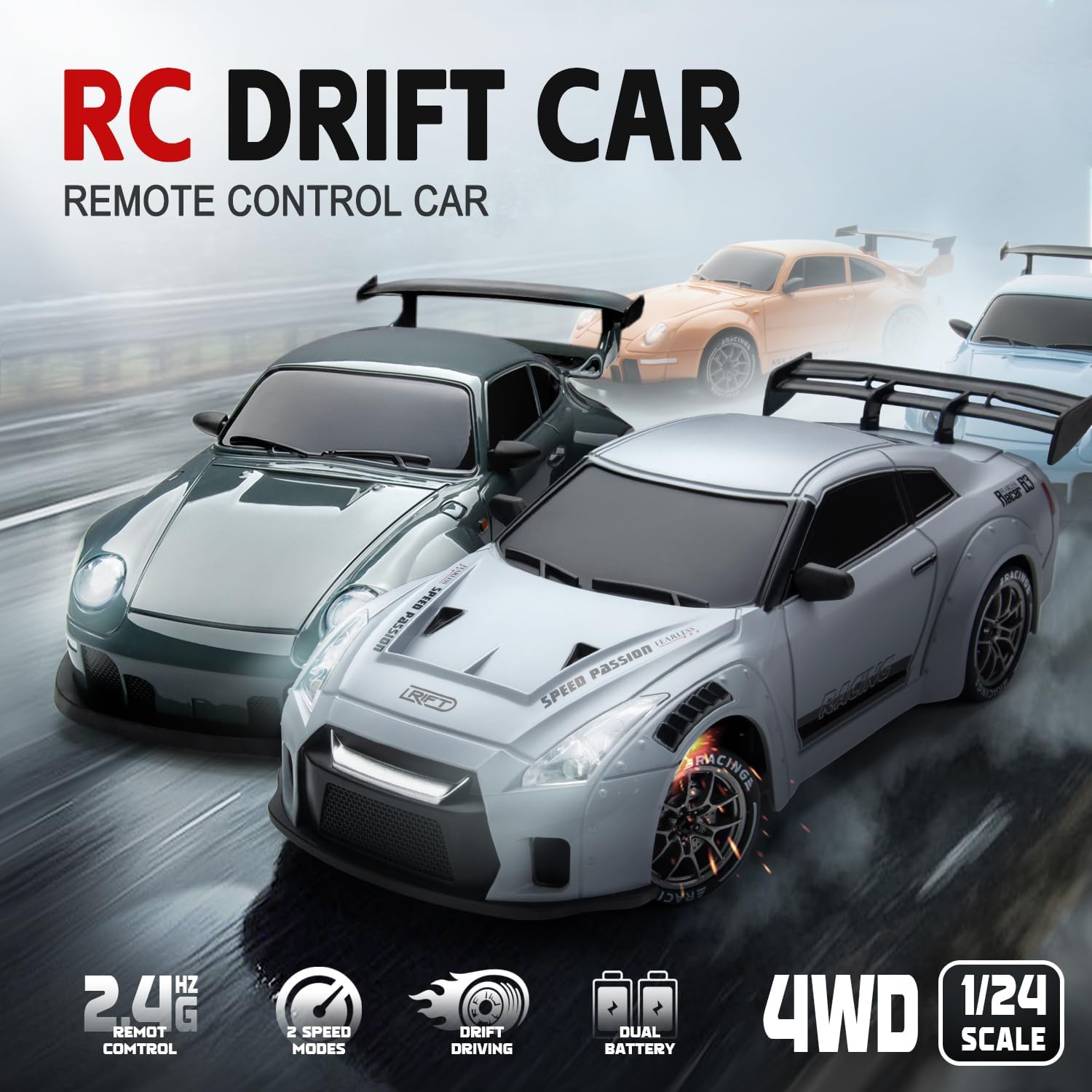 RC Drift Car, 1:24 Scale Remote Control Vehicle with LED Lights, 2.4GHz 20KM/H 4WD High Speed RC Cars, Drifting Tires＆Two Batteries, Racing Sports Toy Idea Gift for Adults Boys Girls and Kids