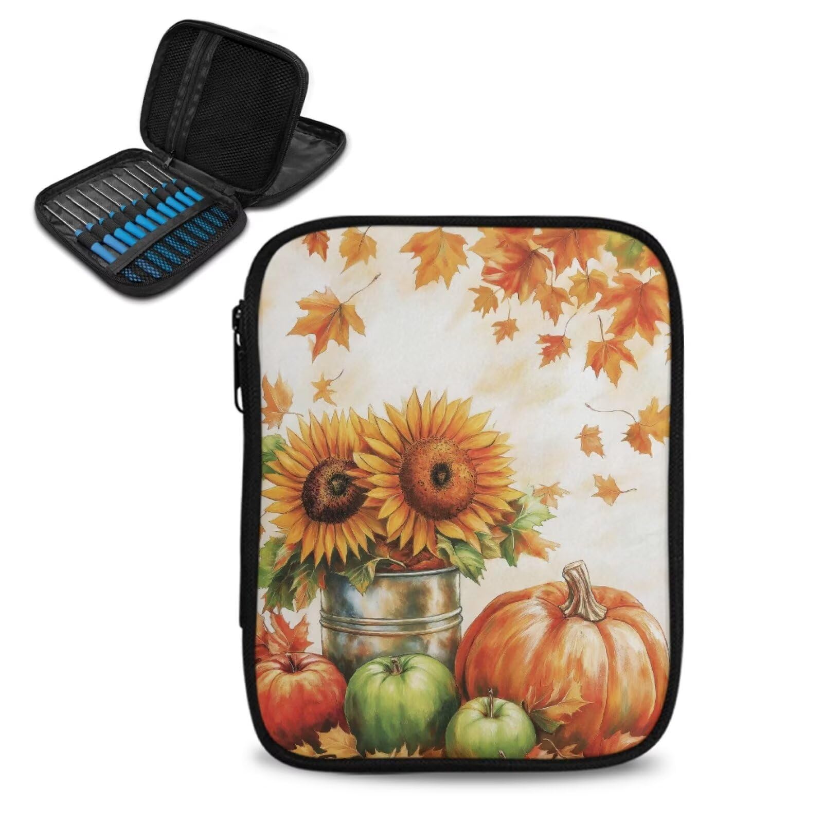 Maple Leaf Pumpkin Crochet Hook Case Fall Knitting Needle Storage with Web Pockets for Home Park Hand Washable Autumn Gifts
