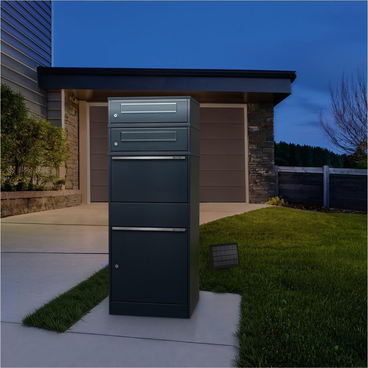 Metzler Paketbox freistehend mit LED-Solarbeleuchtung und abschließbaren Fächern in Anthrazit RAL 7016, wetterfest und rostfrei für kontaktlose Zustellung im Außenbereich, Edelstahl, Postkasten groß