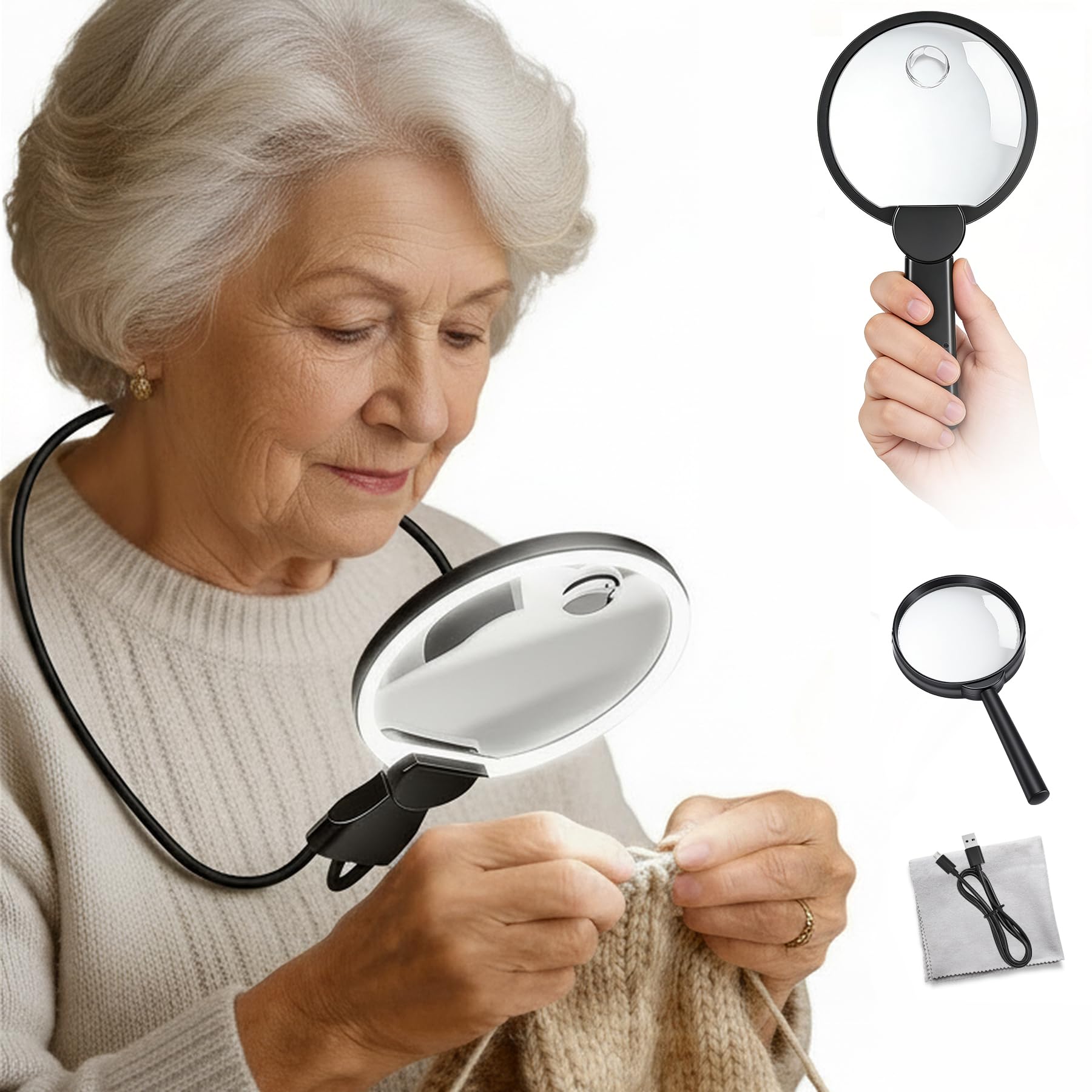 Lupa de Cuello Manos Libres con luz, Lupa 3X de 5.5 Pulgadas para Trabajo cercano, Lectura, Costura y Manualidades, 3 lupas pequeñas, Ideal para Personas Mayores y Baja visión