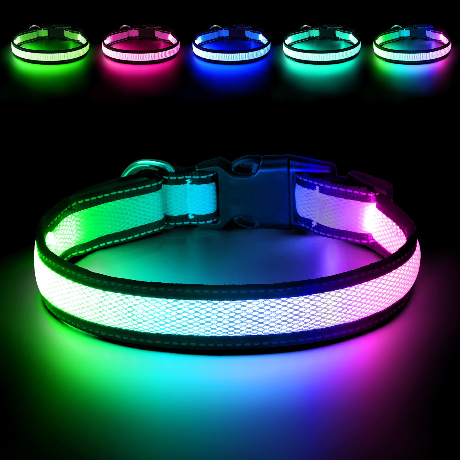Flashseen LED Dog Collar, USB Rechargeable Light Up Dog Collar Lights, Adjustable Comfortable Soft Mesh Safety Dog Collar for Small, Medium, Large Dogs (White, Medium)