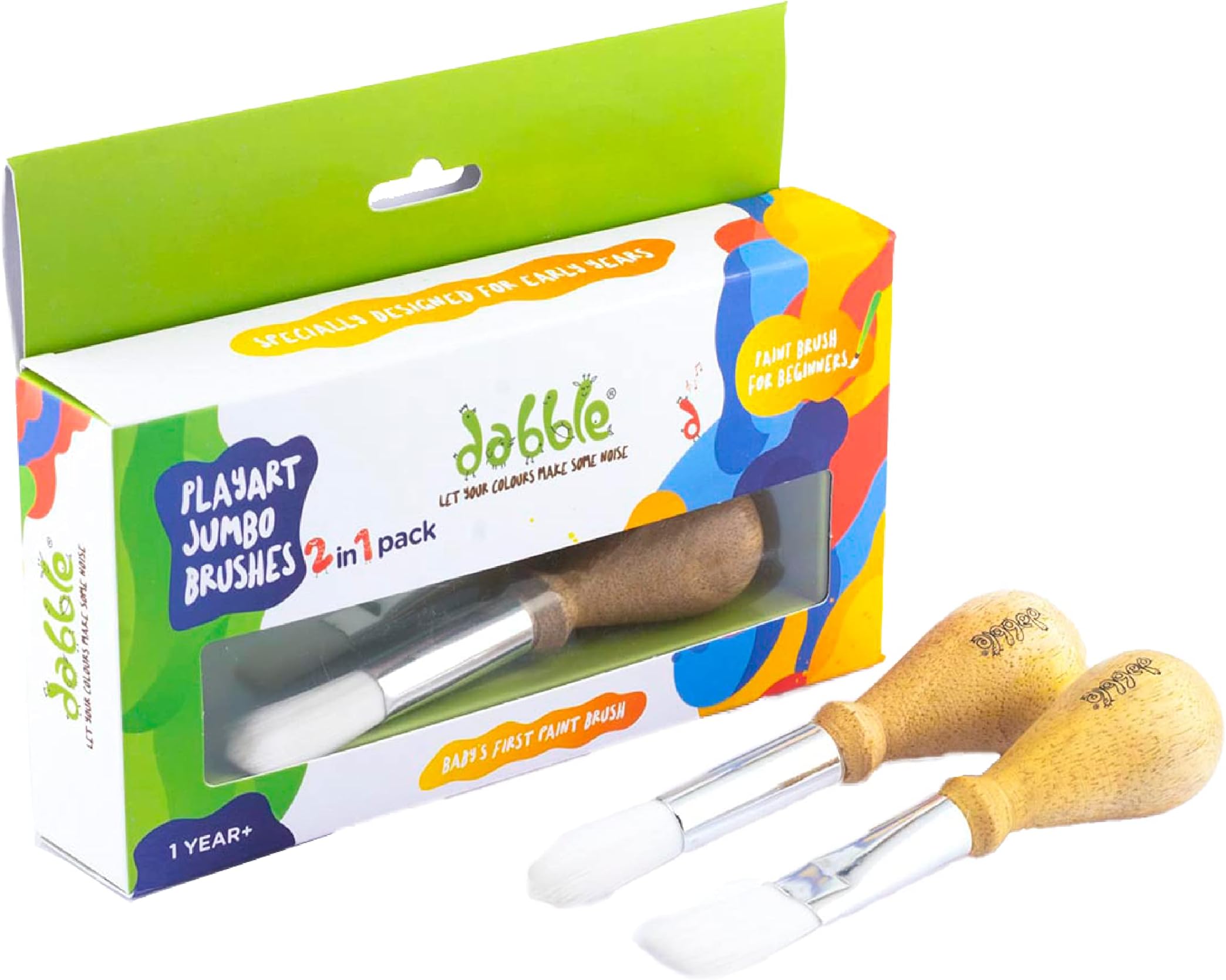 dabble Jumbo Synthetic Paint Brush Set|Eco-Friendly Wooden Paint Brush Pack for Toddlers|Easy to Grasp|Pack of 2|Washable Chubby Paint Brushes|Gift for Toddlers|Pre Writing Skills|1 Year +