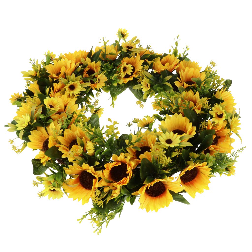 VANKOA 16.5'' Large Sunflower Wreath for Front Door Silk Artificial Yellow Sunflower with Leaf Doors Wreaths for Indoor Outdoor (16.5'' Sunflower)