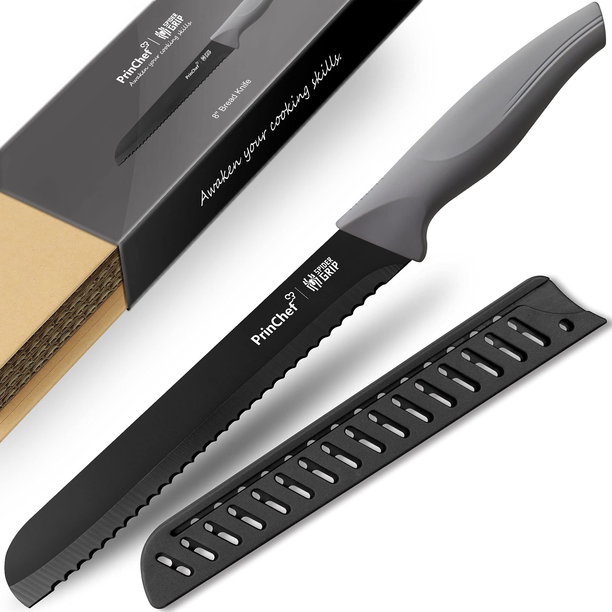 PrinChefBread Knife, 8 Inch Serrated Bread Knife with Sheath, Stainless Steel Bread Knife for Homemade Bread- Anti Rust & Nonstick, Perfect for Hard Crusty Bread