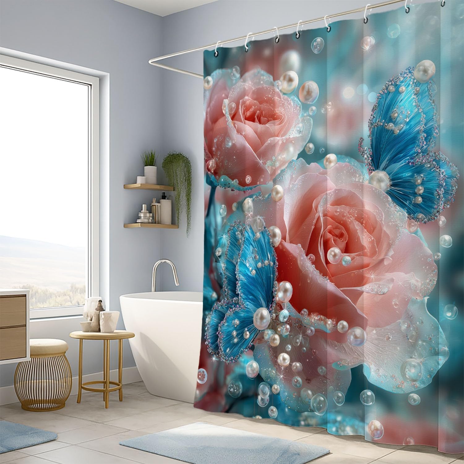 Generico Luksusowa zasłona prysznicowa błyszczące róże koraliki motyl dla miłośnika kwiatów, realistyczna róża, 200 x 200 cm wodoodporna zasłona łazienkowa z mikrofibry odporna na pleśń zmywalna z