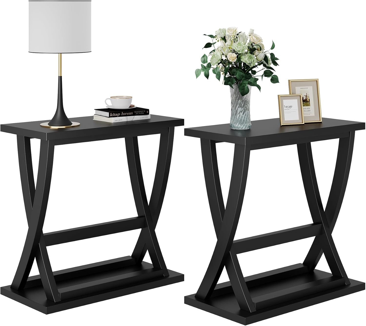 ChooChoo Black End Tables Set of 2, Narrow Side Table with Storage Shelf, Modern X-Design Slim Bedside Tables for Living Room, Bedroom, Small Spaces