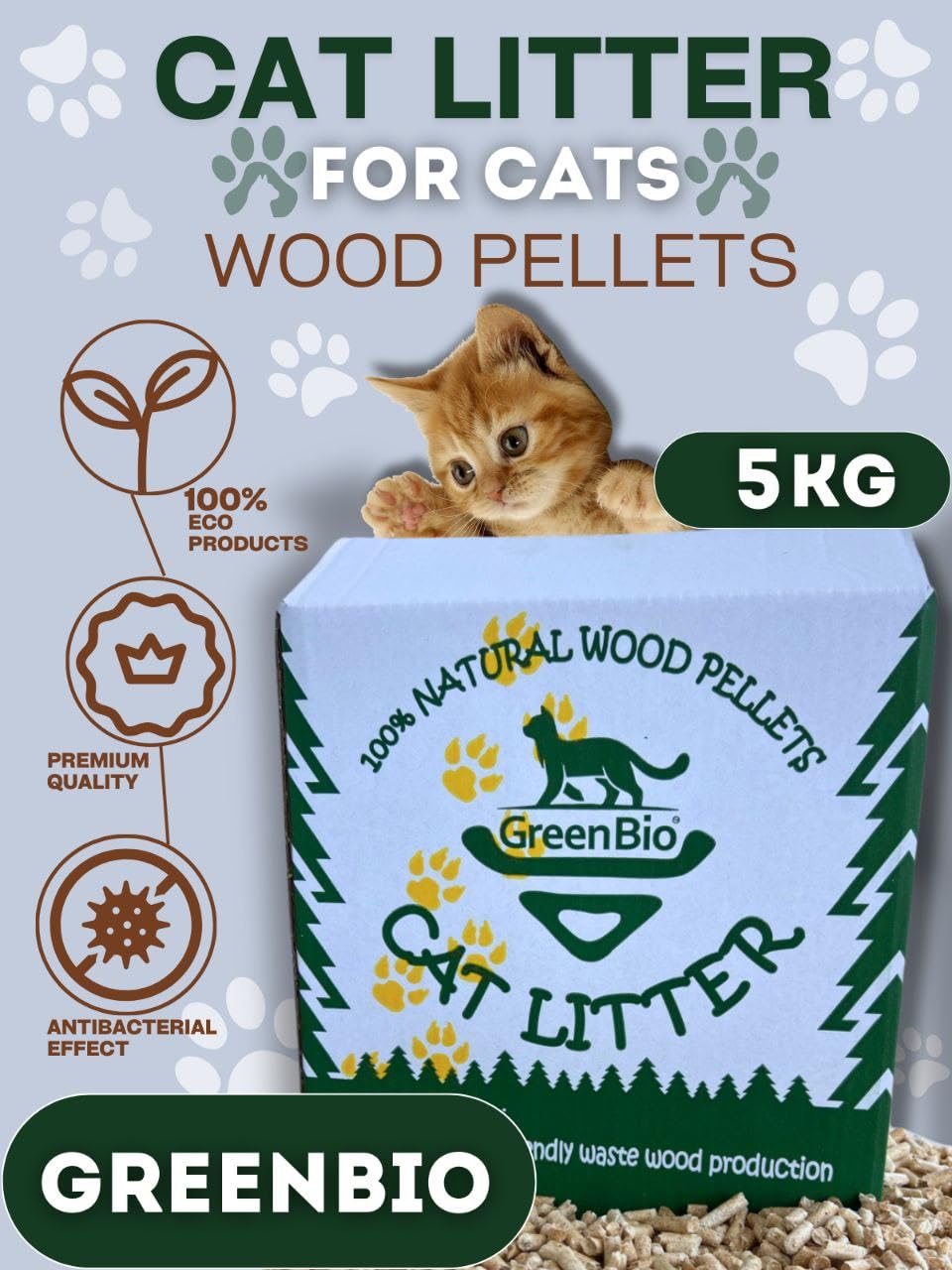 GreenBio Cat Litter Wood Granules (Pellets), Unscented (11 lbs, 5 kg)