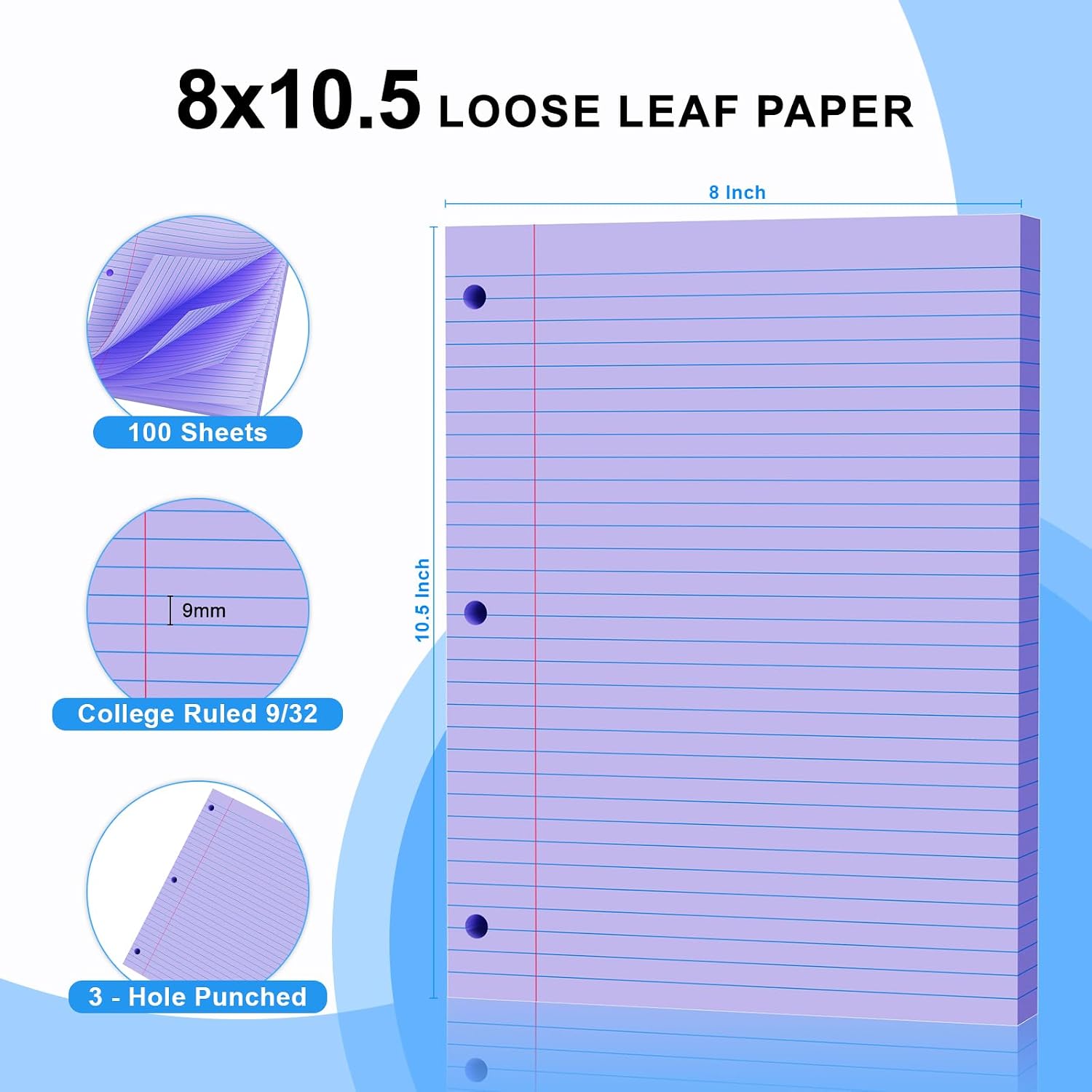 Purple Loose Leaf Paper 100 Sheets 8" x 10.5" Filler Paper, College Ruled 3-Hole Punched, Notebook Paper for 3-Ring Binders Notepad Writing Note Pads To-Do Lists for Office & School Supplies image 2