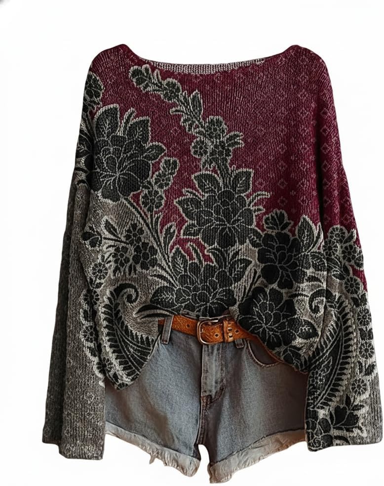 Akivide Womens Cozy Loose Boho Floral Print Lightweight Knit Sweaters Long Sleeve Casual Pullover Jumper Tops Plus Size