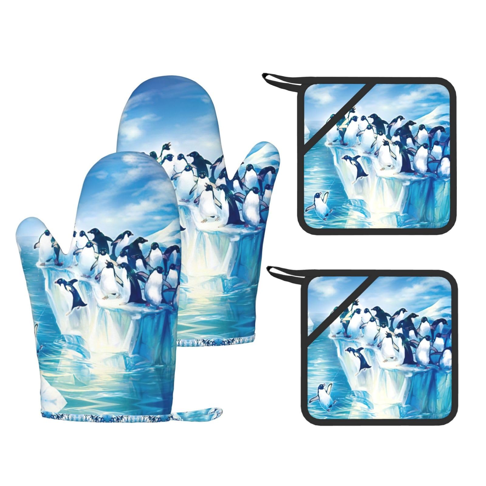 Penguins on Iceberg Printed Potholder and Oven Mitt Set of 4, High Heat Resistant Cooking Gloves for BBQ Grilling