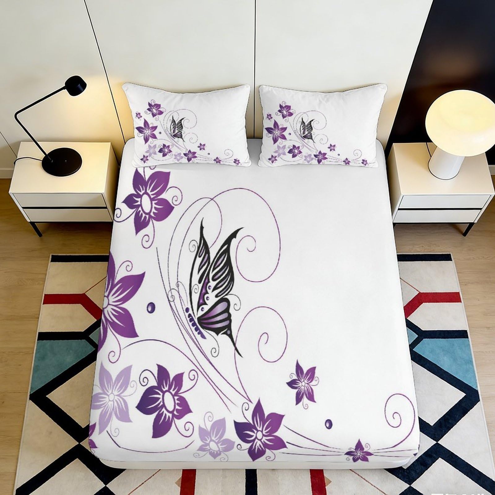 3D Printed Purple Butterfly Fitted Sheet Microfiber Soft Floral Mattress Cover for Bedroom Guest Room Dustproof Washable Decor 90x200x25cm