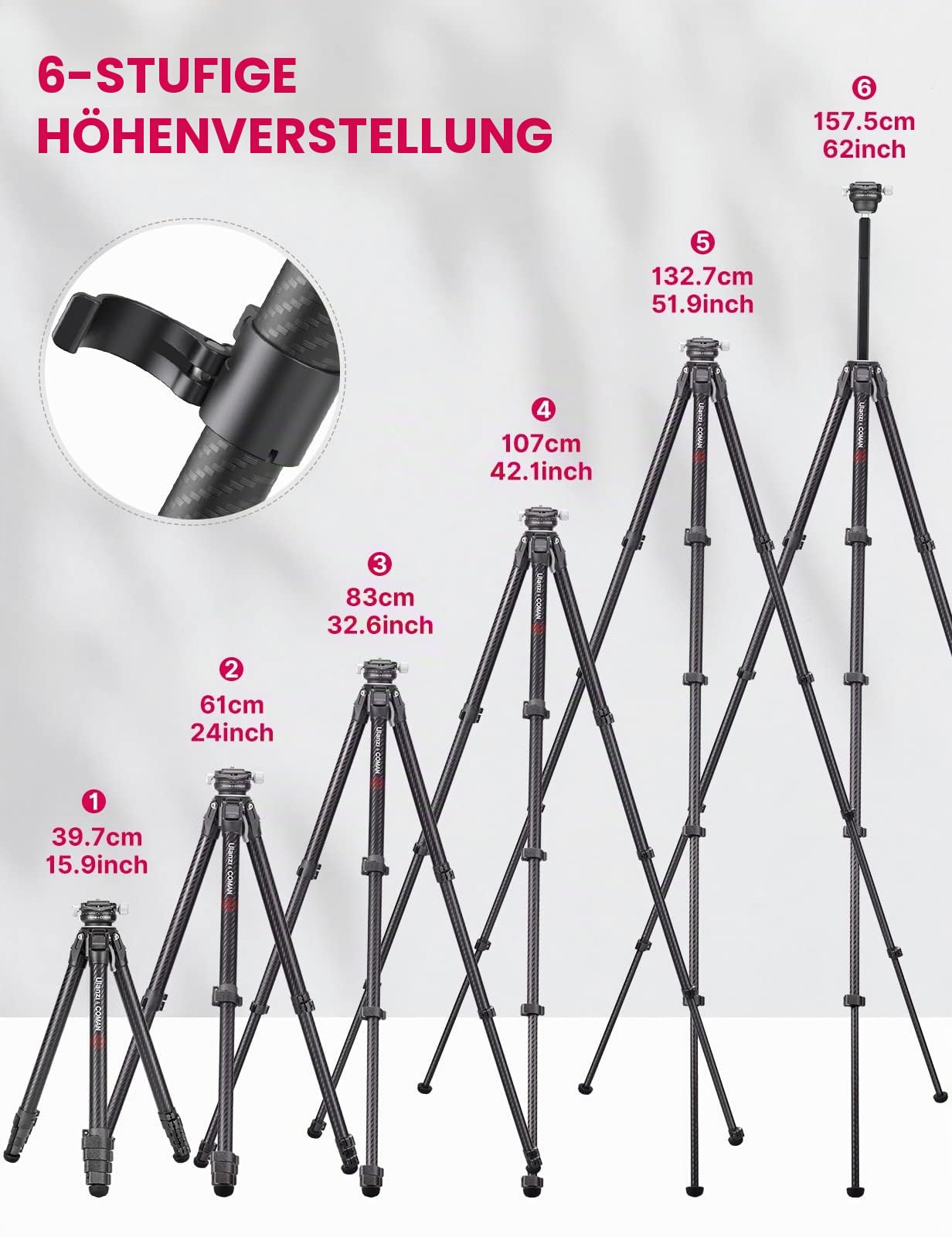 ULANZI Zero Y Stativ Kamera Carbon Fiber mit 360° Panoramakugelkopf und Arca Swiss, Leichtes Kamerastativ mit Abnehmbarer Mittelsäule für alle DSRL-Kameras, Belastbar bis 18 kg