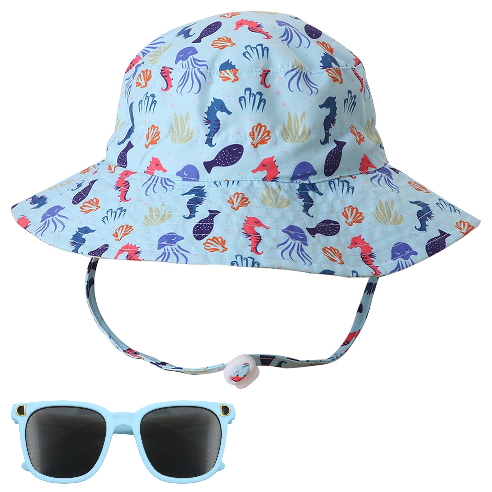 Scettar Bebé Niños Ajustable Bucket Sun Hat con Gafas de Sol Bebe,Bebé Niña Niño Sombrero de Sol Verano Algodón Gorro Playa Bebe para Niños ala Ancha para Exteriores/Natación/Playa/Piscina UPF 50+