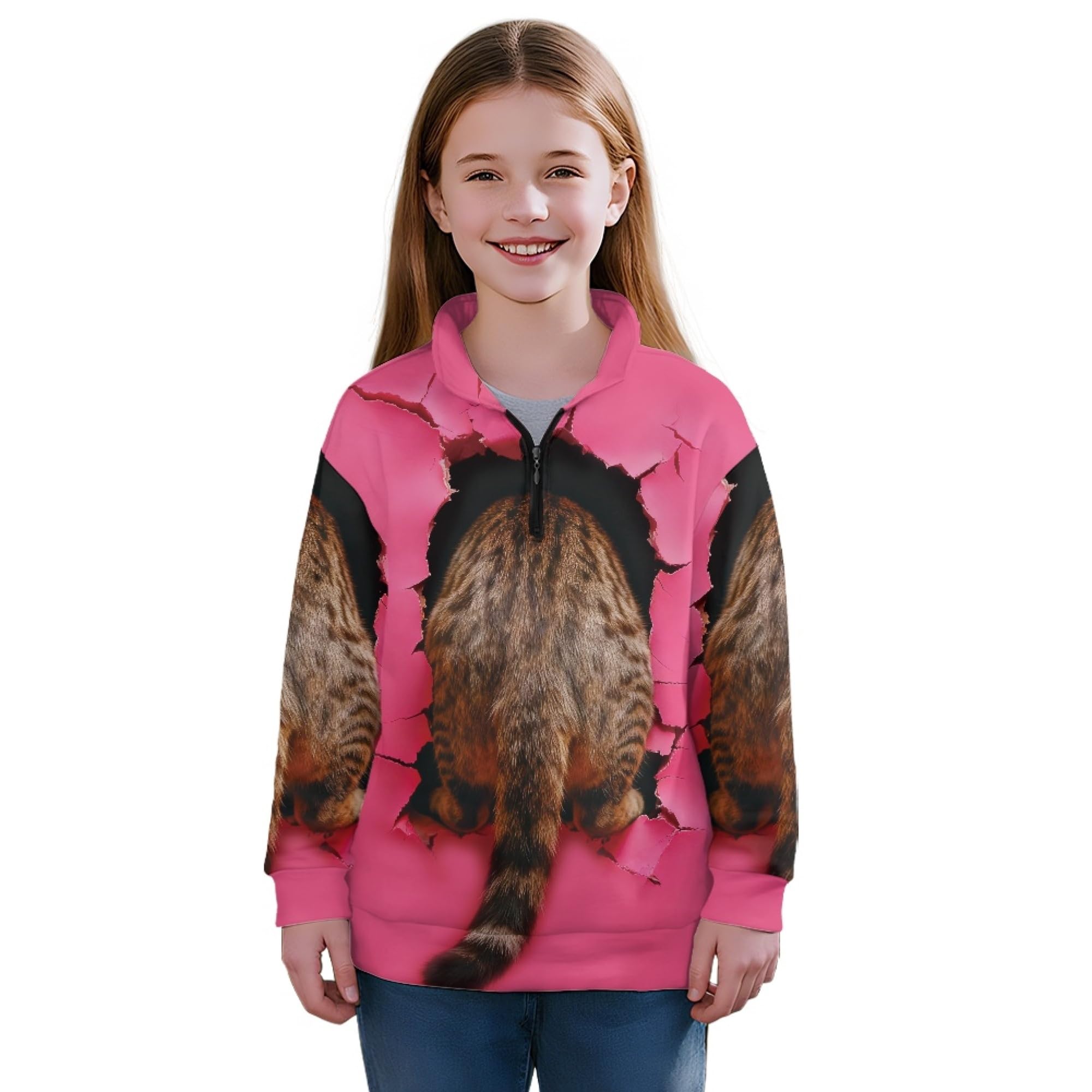 AmzPrint Half Zip Pullover Jackets Girls Long Sleeve Warm Pullover Back To School Running Oversized Hoodie For Big Girls