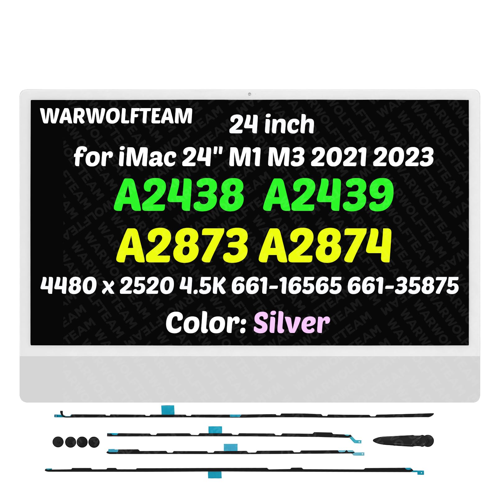 WARWOLFTEAM Compatible with iMac A2438(4-Ports) M1 2021 All in One EMC 3663 MGPN3 MGPK3 MGPL3 24inch LCD Screen Display Assembly 4480 x 2520 4.5K(661-16565 661-35875 Silver)