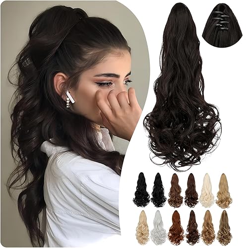 Cephermer Extensión de cola de caballo con pinza de 18" larga, rizada y ondulada, con clip, extensión de pelo sintético de aspecto natural para
