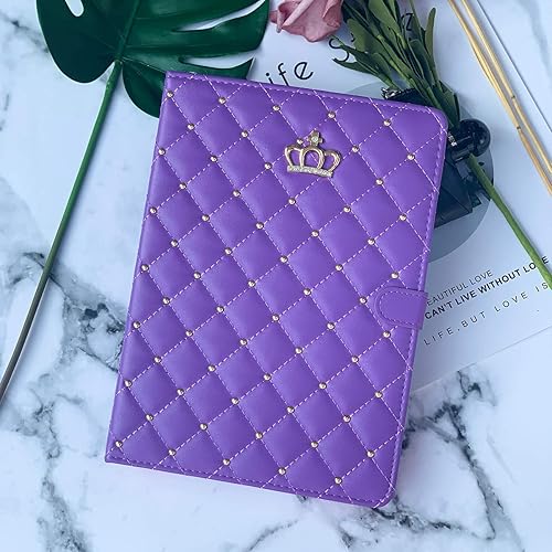 Topwin Cute Crown Case for iPad 10.2 2021/2020/2019 (9th/8th/7th Gen) - Bling Diamond Elegant PU Leather Smart Auto Sleep/Wake Stand Shockproof Girly Cover for Apple iPad 7/8/9 10.2 Inch (Purple)