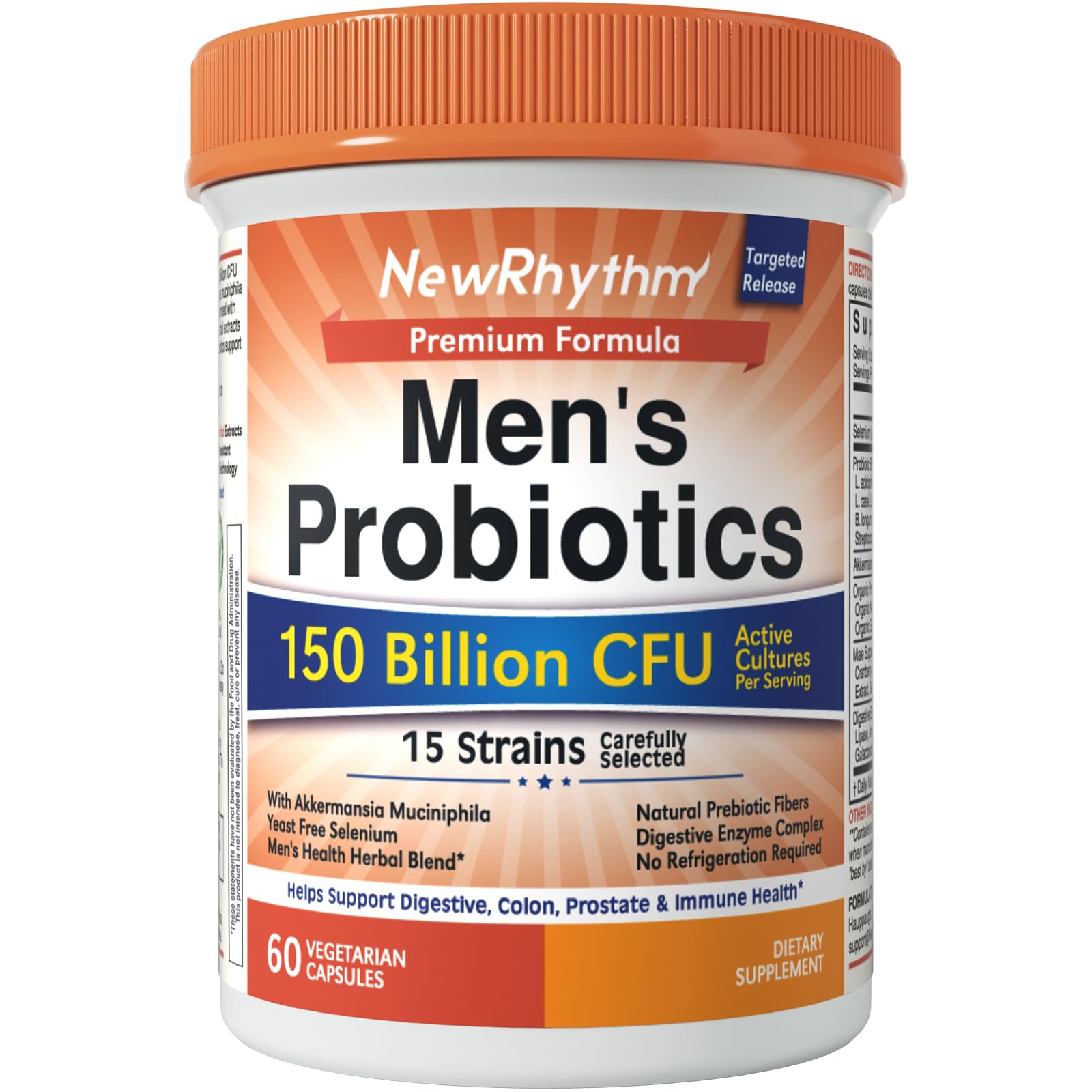 NewRhythm Probiotics for Men, with Prebiotics, Selenium, Digestive Enzymes, Akkermansia Muciniphila, Cranberry Extract, 150 Billion CFU, Digestive, Colon, Immune, Men's Health, 60 Vegan Caps