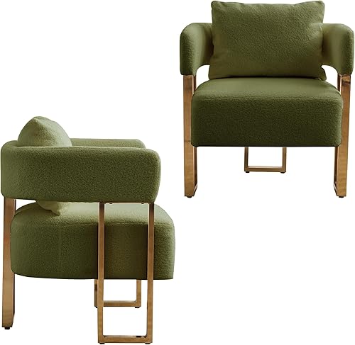 Miniatura 4 de YISHENG Juego de 2 sillas decorativas modernas de barril, sillas laterales para sala de estar con patas de metal doradas, sillones de lectura