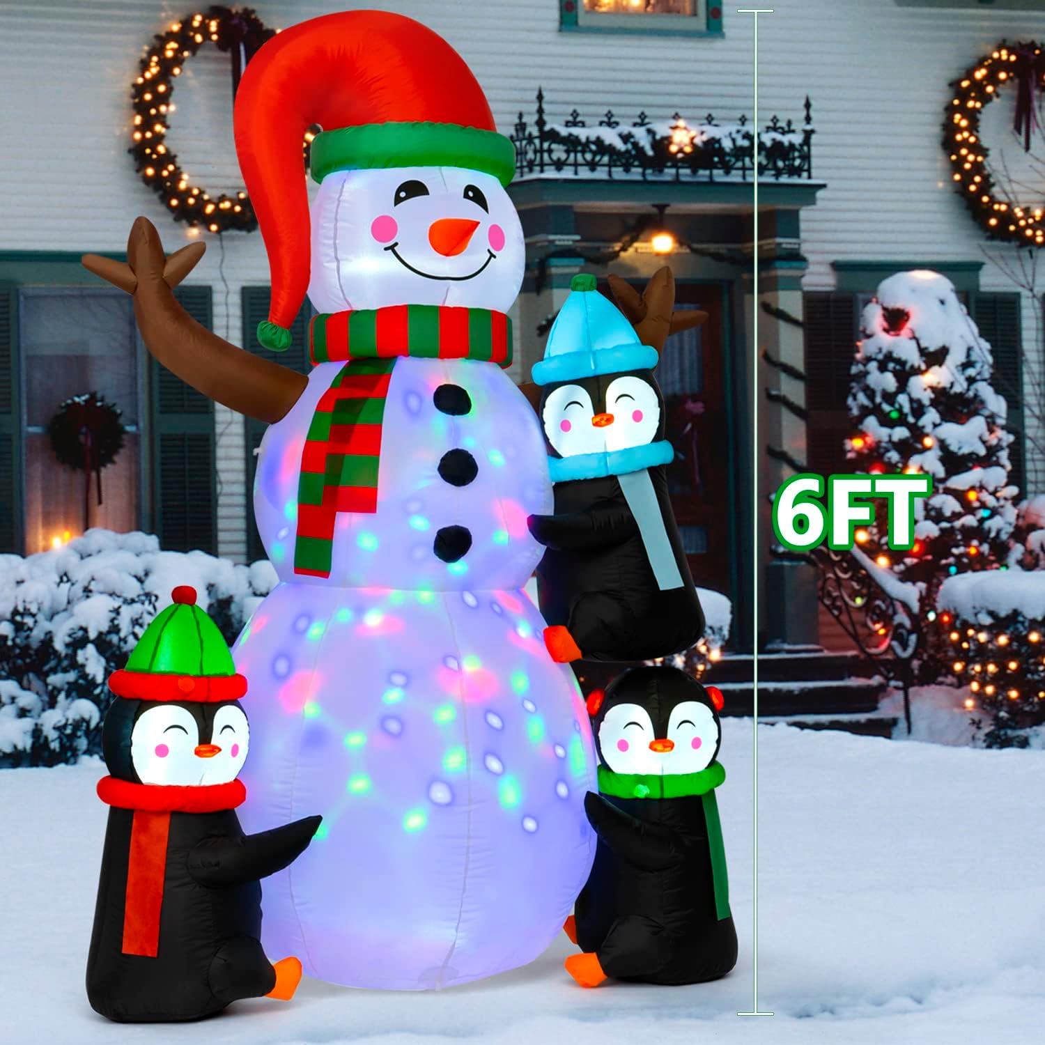Christmas Inflatables Outdoor Decorations, 6FT Inflatables Snowman Decorations and 3 Penguins with LED Lights Christmas Blow Up Yard Decorations for Xmas Party, Home Outdoor Garden Lawn Winter Décor