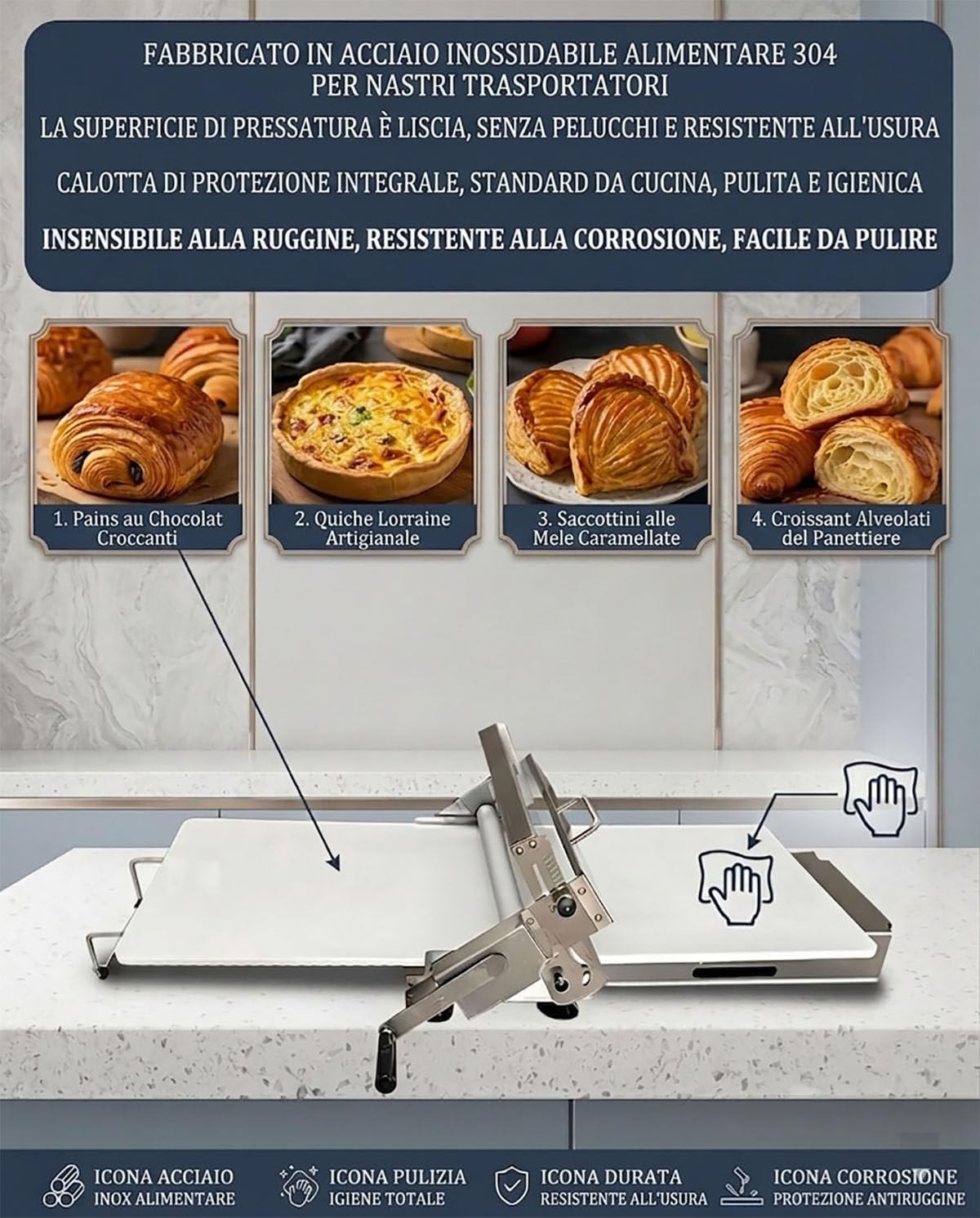Sfogliatrice per Croissant, Macchina per Sfoglia Commerciale 40x90cm | Pieghevole, spessore regolabile 0-25mm, pannello antiaderente grande, per casa e commercio.
