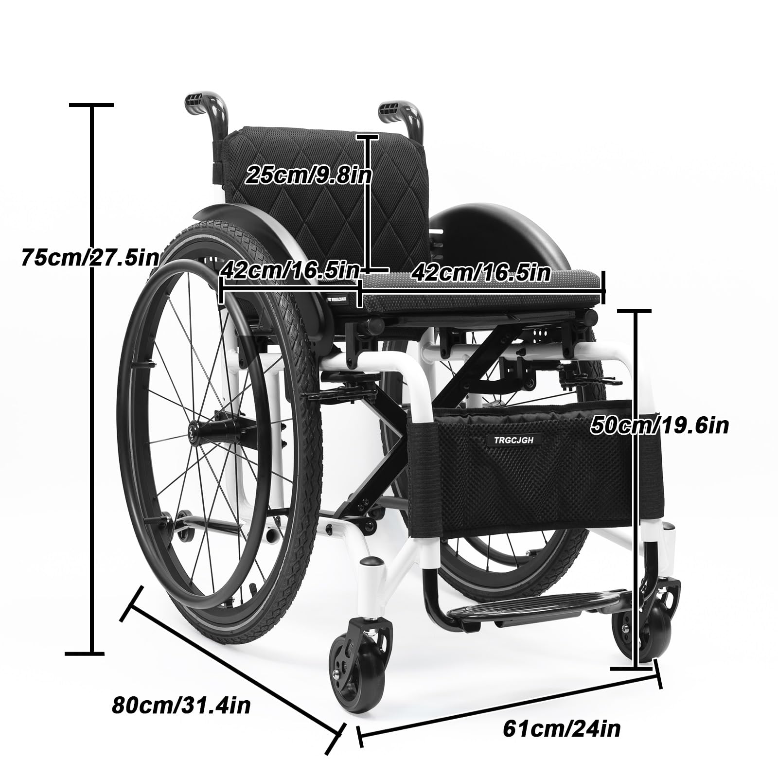Lekkie, składane wózki inwalidzkie z napędem ręcznym, 13 kg | 24-calowe pneumatyczne koła terenowe, hamulec postojowy, aluminiowe, kompaktowe(White,16.5in Seat Width)