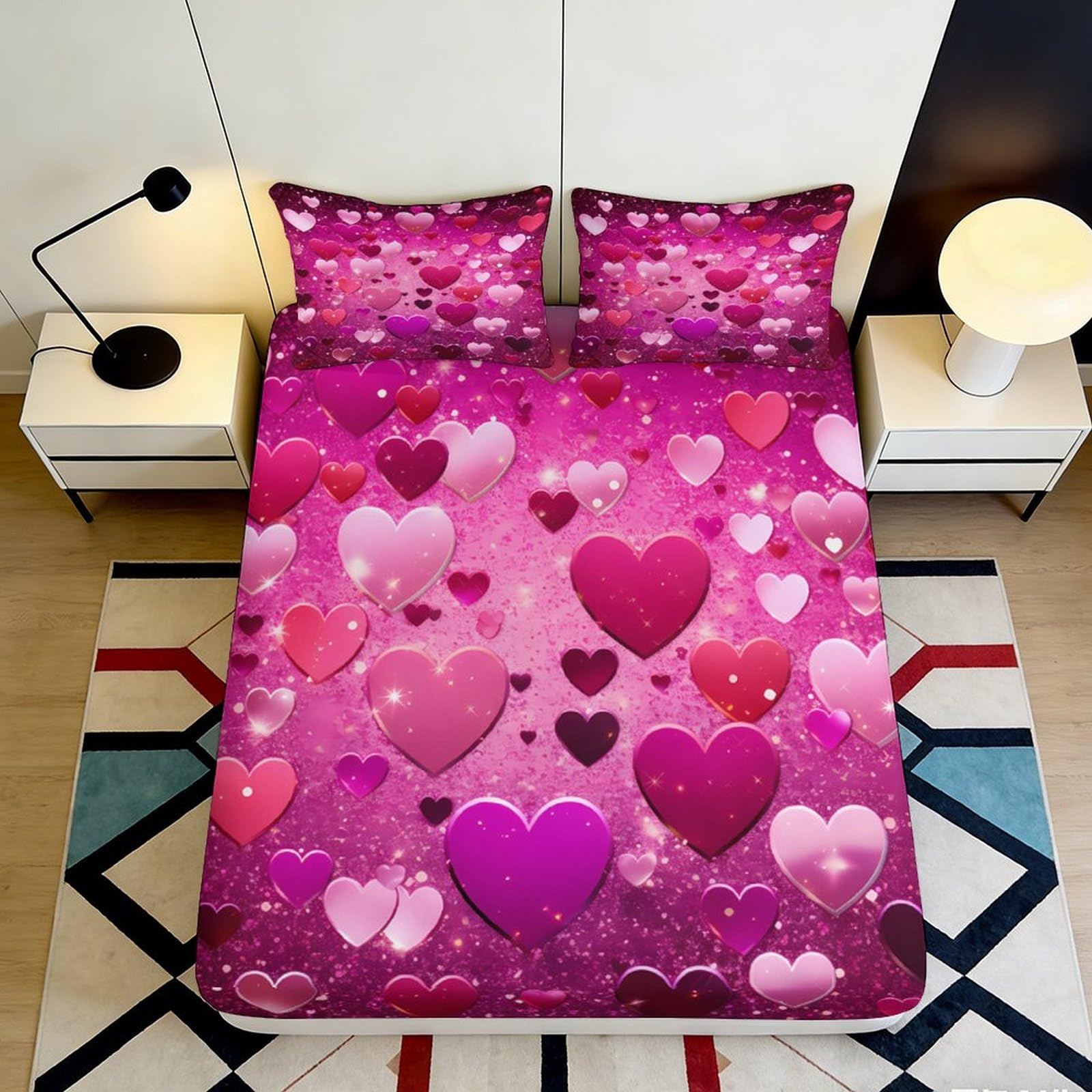 3D Printed Pink Heart Pattern Fitted Sheet Microfiber Soft Breathable Romantic Love Bed Cover for Bedroom Dormitory Guest Room Protection Decor 200x200x25cm
