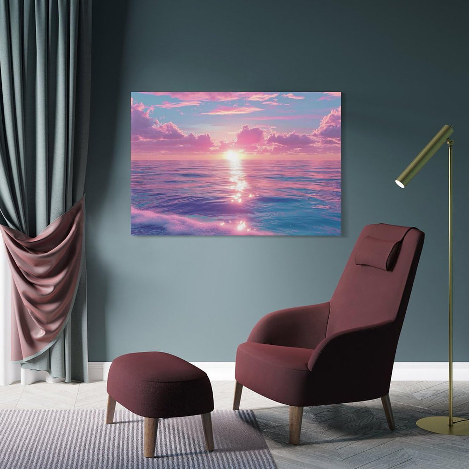 Amazon.co.jp: 絵画 ピンクブルーの海に眩しい日差しが映える